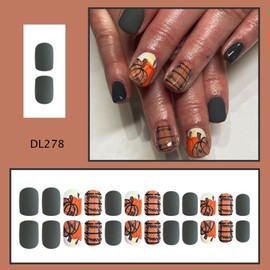 Autumn Press on Nails Thanksgiving Day Fake Nails Short Square False Nails with Stripe Pumpkin Desige Glue on Nail Full Cover Acrylic Reusable Nail Kit for Women Girl 24Pcs