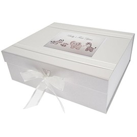 White Cotton Cards Baby's First Year, Large Keepsake Box, Silver Toys, Animals, Board, 27.2 x 32 x 11 cm