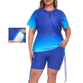 Inno Women's 2 Pcs Plus Size Rash Guard Set with Built-in Bra Zip Swim Top UPF 50+ Adjustable Ruched Side Swimsuit, Ombre Light Blue, 3X