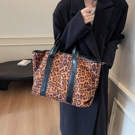 hibear Tote Bag for Women, Leopard Print Handbags Cheetah Purse Suede Hobo Bags Large Work Tote Handbags, Brown, 19.3x11.81x7.09 inches