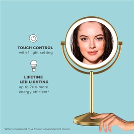 Conair Lighted Makeup Mirror, LED Vanity Mirror, 1X/10X Magnifying Mirror, Double Sided, Battery Operated in Brushed Brass