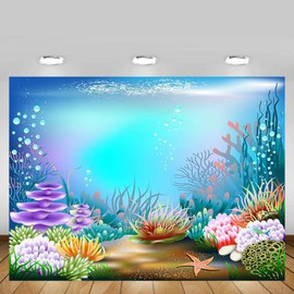 MEHOFOND 7x5ft Under The Sea Blue Purple Photography Backdrop Ocean Mermaid Theme Birthday Party Decoration Bubbles Starfish Shell Ocean Theme Baby Shower Photo Studio Booth Background Banner
