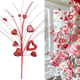 Thiccywoov 12 Pcs Valentine' Day Heart Picks Glitter Red Berry Stems Heart Shaped Ornaments Valentine's Day Gift Artificial Berry Flower Christmas Tree Topper for Wedding Anniversary Propose DIY Decor