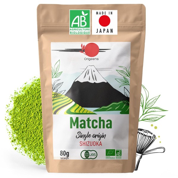 ORIGEENS Organic Japanese Matcha Tea - Single Origin Shizuoka - Organic Matcha Green Tea Powder - Matcha Powder 80g Bag