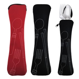 SwirlColor Cutlery Bag 2 Piece Long Cutlery Pouch Portable Cutlery Case for Work School Camping Picnic Travel - Red, Black (23.5x6cm/9.3x2.4inch)