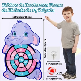 PAGANOOM Juego de Dardos para Niños, Tablero de Dardos de Bola Pegajosa, Juego de Mesa Diana Grande Clásico Plegable Seguro con 12 Bolas Adhesivas, Kids Dart Board Game, Tema Elefante 30cm Diámetro