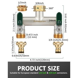 Wasserverteiler 2fach, 2 Wege Verteiler Wasser, Vernickelt Messing Wasserhahn Verteiler, Garten Verteiler 2 Wege mit Grün Griffen, 3/4 Zoll Robustheit Sechskantverbindung-Adapter 1/2 Zoll