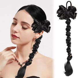 MEIYIFANG Bubble Ponytail Extension bow Phone Cord Hair Coils with Rubber Hair Ring Wig for Women Girls Accessories (Black)