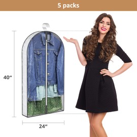 40" Garment Bags, Clear Clothes Covers with 4" Gussetes for Hanging Clothes Closet Storage, Breathable Protector for Suits Coat, Jacket, Sweater, Shirts, 5 Packs