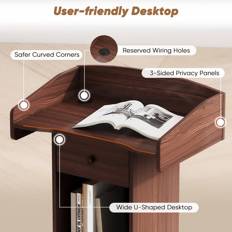 Portable Podium Stand with Metal Wheels, Rolling Podium with Drawer