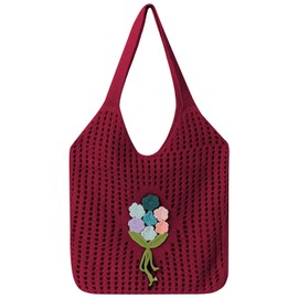 Ausing Women's Crochet Beach Bag, Beach Bag, Shoulder Bag, Handwoven Flowers, red