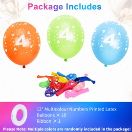 SUSNUAN 4th Birthday Balloons, 12'' Multicoloured Numbers Printed Latex Age Balloons, Birthday Digit Balloons 4 4 Year Old Birthday Decorations, 4th Anniversary Party Supplies