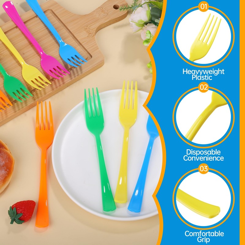 Kochorie 180 Pcs Bright Rainbow Plastic Forks Disposable Silverware Heavy