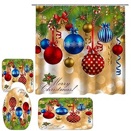 AYULO Merry Christmas Shower Curtain Sets for Bathroom,Colorful Balloons with Non-Slip Rugs Toilet Lid Cover and Bath Mat 12 Hooks Waterproof 4 PCS Bathroom Decor Set for Christmas Decor