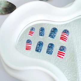 Independence Day Press on Nails Medium Square Fake Nails with American Flag Designs Swirl Lines Glue on Nails Fourth of July Acrylic Nails Full Cover Stick on Nails for Women 24Pcs
