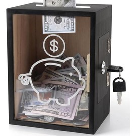 Clear Piggy Bank with Lock, Large Money Saving Jar Money Bank Box Container for Cash Saving Wooden Openable Money with Key Reusable Openable Money Coin Storage for Birthday Gift Home Decoration
