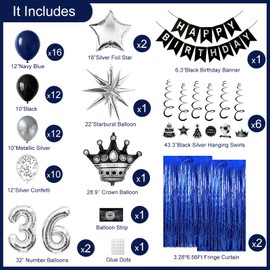 36th Birthday Decorations for Men and Women, Black Blue Silver Happy Birthday Number 36 Balloons, Banner, Fringe Curtains Garland Kit - 36 Year Old Party Supplies