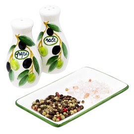 Hand Made Italian Ceramic Salt & Pepper Pots Set of 3 Olive Design with Tray Dimensions: 14 x 8 cm
