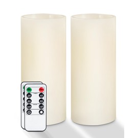 Homemory 9" x 3" Flameless Candles Battery Operated, Flickering LED Pillar Candles with Timers and 2 Remote Controls, Indoor Only, Flat Top, Ivory White Wax, Set of 2