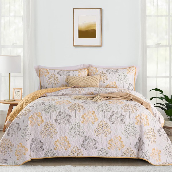 Dobuyly Quilt Queen Size Set, Yellow Botanical Bedspread Coverlet Set