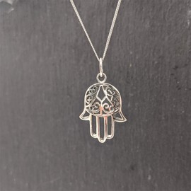 Silverly Women's 925 Sterling Silver Hamsa Fatima Hand Open Filigree Pendant Necklace, 46cm