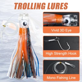 Trolling Lures Saltwater,6 Inch Offshore Big Game Trolling Lures Skirted Deep Sea Fishing Lures Set for Mahi Tuna Marlin Wahoo Rigged with Leader Squid Skirts Hook