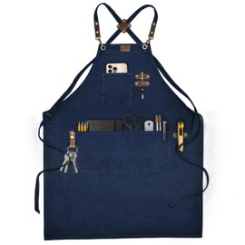 LEATHER VILLAGE Chef Aprons for Men & Women with Large Pockets, Cotton Canvas Cross Back Heavy Duty Adjustable Work Apron- Size M to XXL (Blue)