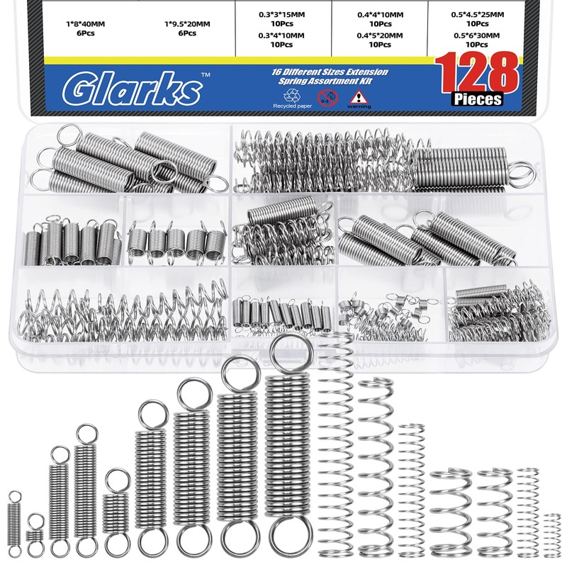 Glarks 128pcs Stainless Steel Extension Springs with Double Hook Sets
