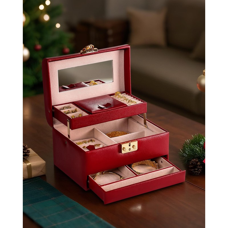 CASEGRACE Jewelry Box,3 Layers Leather Jewelry Storage Box with Lock,