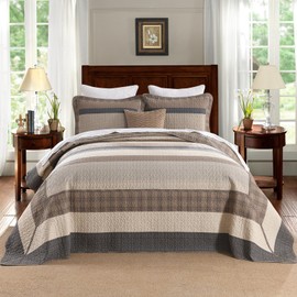 EWlinens Oversized Queen Bedspread Set 120"x102" - 100% Cotton Extra Large Quilts Quenn Size, Farmhouse Patchwork Striped Plaid Bedspreads with 2 Pillow Shams, All Season, Dark Brown/Beige/Gray