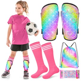 Lemmeko Soccer Shin Guards Kids Toddler Shin Guards with Girls Soccer Socks,Drawstring Bag and DIY Stickers for 2-7 Years Kids Girls Football Games Soccer Accessories, Rainbow Mermaid