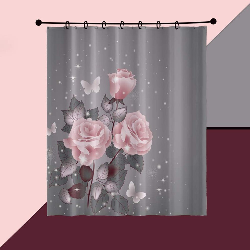 OERJU Floral Shower Curtain Pink Rose Stylish Bath Curtain with