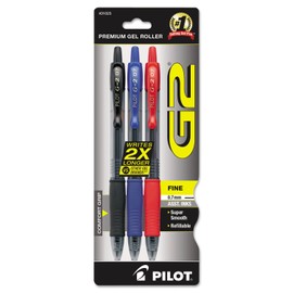 Pilot G2 Premium Gel Roller Pens, Fine Point, Gel Ink Pens, 0.7 mm, Pack of 3, Black/Blue/Red - Ideal for School, Journaling & Office Writing