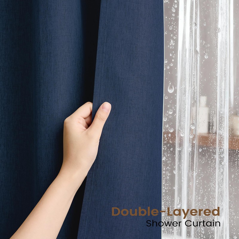 BTTN Navy Blue 3 in 1 Linen Textured Shower Curtain