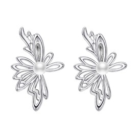 Airokiy Gold Clip Earrings Hanging, Women's Pearl Ear Clips Without Pierced Ears, Lightweight Hollow Drop Clip Earrings, Hypoallergenic Fashion Jewellery for Women and Girls, Sterling Silver, Pearl