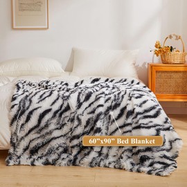 XeGe Luxury Faux Fur Throw Blanket, Soft Zebra Print Fluffy Bed Blanket, Shaggy Plush Decorative Farmhouse Blanket, Cute Furry Throw Fuzzy Blanket for Bedroom Living Room, Zebra Print Black, 60x90