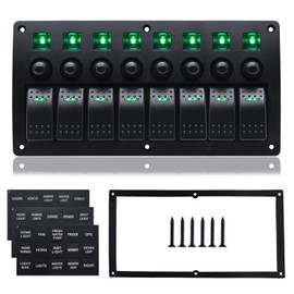 Geloo 8 Gang Marine Rocker Switch Panel, Boat Switch Panel Waterproof, Marine Switches Panel, 12V Aluminum Switch Panel for Car RV Truck Green LED Toggle Switches with Circuit Breaker (Green)