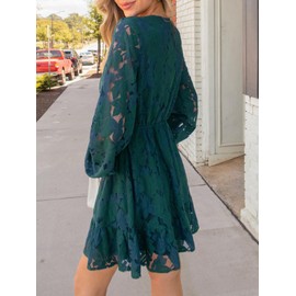 CUPSHE Women Elegant V Neck Lace Peasant Sleeves High Waist A-Lined Wedding Mini Dress Hunter Green, L