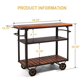 BOKKOLIK Farmhouse Mobile Cart with Wheels for Home Kitchen Industrial Rolling Food Cart Outdoor Vintage Wood and Metal Design Utility Cart in Office Coffee House 3 Tier with 2 Side Handle