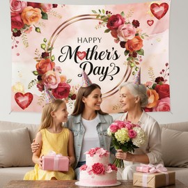 Mothers Day Photo Backdrop Decorations – 7x5ft Happy Mother's Day Party Supplies Mothers Banner with Romantic Rose Photo Backdrop for Photography Home Decor for Mom Women