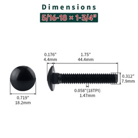 5/16-18 x 1-3/4" Black Carriage Bolts with Nuts and Washers Kits (10 Sets), 304 Stainless Steel 18/8, Black Finish, Round Head, Square Neck, Heavy Duty Bolts, Indoor Outdoor Fastening Bolts, Fayeploo