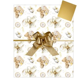 Teddy Bear Gift Wrap Pack 2 Sheets 2 Tags and 2 Gold Pull Bows, Girls Boys Birthday Gift Present
