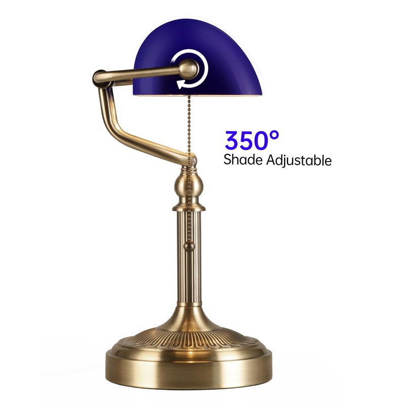 Newrays Blue Glass Bankers Desk Lamp with Pull Chain Switch