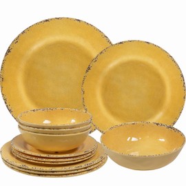 ZAROCRUS 12-Piece Rustic Melamine Dinnerware Set With Dinner Plate, Salad Plate And Large Capacity All Purpose Bowls,Service for 4, Indoor And Outdoor Use, Yellow