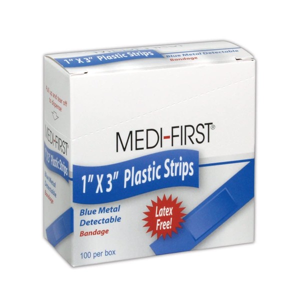 Medique MP67133 Medi-First Blue 1" x 3" Metal Detectable Plastic Bandages, 1" x 3", Flesh, 1" x 3" (Box of 100)