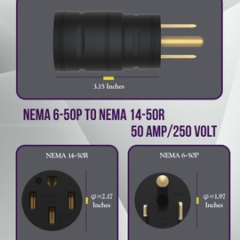 ENERLITES 65352 3 Male Plug to 50 Amp 4 Prong Female Power Adaptor NEMA 6-50P to 14-50R EV Charger Adapter Cord, 50A, Black
