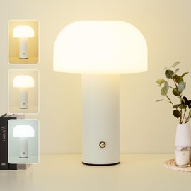 ZOOPEEN Cordless Mushroom Table Lamp,Rechargeable 5200mAH Portable Battery Operated Lamp,3 Color Stepless Dimming Modern Lamps for Bedside Lamps,Touch Dimming Night Light for Home/Restaurant White
