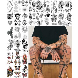 Impressed.co Impresionado 48 Hojas Unisex Vintage American Traditional Temporal Tatuajes - Pequeño Semi Permanente Blackwork Minimalista Falso Tatuaje Flash Para Mujeres Y Hombres - Mano D