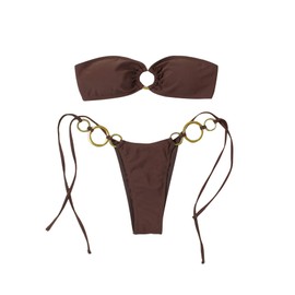 GORGLITTER Women's Strapless Bikini Set String High Cut Thong Ring Linked Bandeau Swimsuits Khaki X-Small