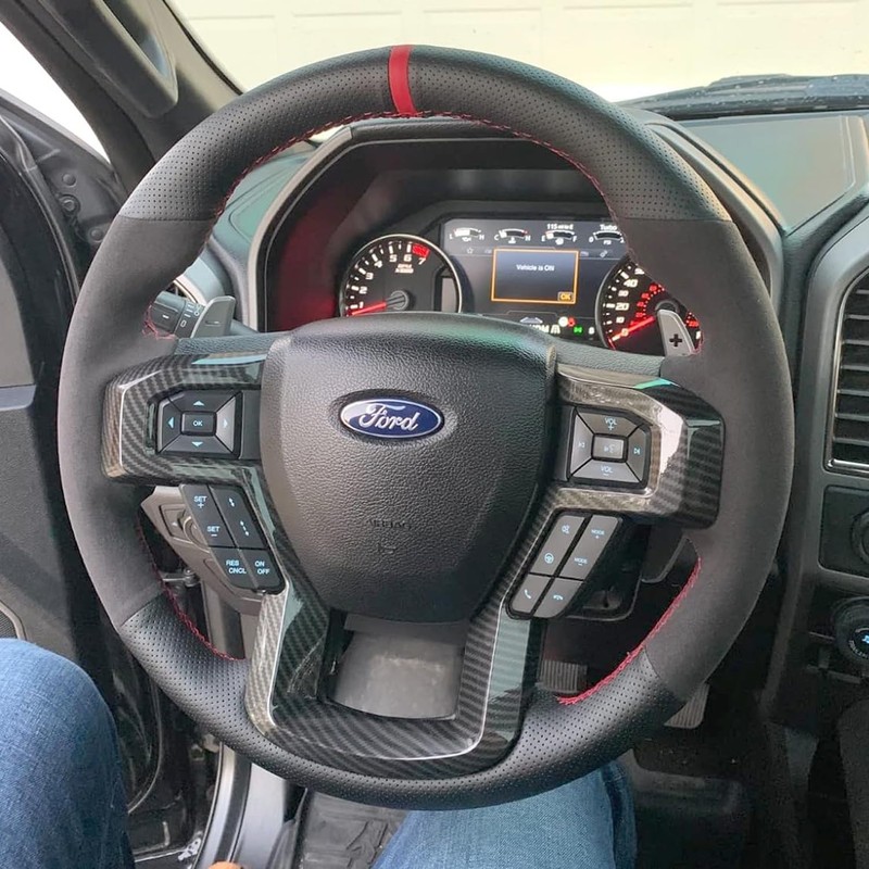 Black Perforated Leather & Suede Red Thread Auto DIY Steering
